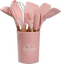 Kit Utensílios De Cozinha 12 Peças Em Silicone, Antiaderente com Cabo Madeira | Utensílios Resistentes Ao Calor, Suporta Até 230 Graus, Organização Cozinha para sua Casa - Premium (Rosa)