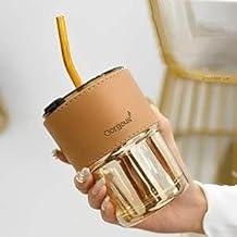 Copo De Vidro Com Detalhe De Couro Canudo De Vidro E Tampa Original