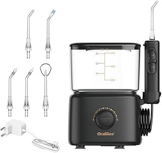 OralGos Irrigador Bucal Profissional, Reservatório de 600ml, Bivolt, Multifuncional Saúde, Limpeza Profunda, Jato de Água Ultrassônico, 10 Níveis de Pressão, Escova Elétrica, Versão Familiar, 5 Pontas Substituíveis, Preto