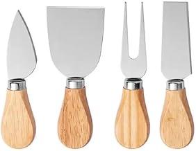 Kit Para Queijo 4 Peças em Aço Inox com Cabo de Bambu – Faca, Garfo e Espátulas para Cortar e Servir Queijos Frescos, Moles e Duros – Conjunto Gourmet para Vinhos, Petiscos e Tábuas de Frios
