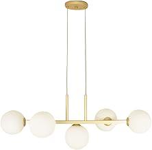 Lustre Pendente Linear Moderno, 5 Globos de Vidro Fosco, Dourado, 70cm, G9 até 12W