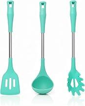 Kit de Utensílios de Cozinha em Silicone Verde Água, Cabo de Metal, 3 Peças, Colher, Concha e Espátula, Resistente ao Calor