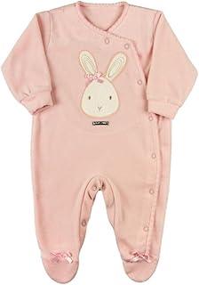 Macacão de Bebê em Plush Rosa com Bordado de Coelhinha e Lacinho