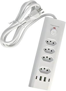 Filtro de Linha Extensão 4 Tomadas com USB e USB-C Bivolt 2500W Proteção Contra Sobrecarga Cabo 2m 110V-220V botão liga e desliga carregador