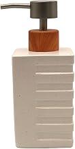 Porta Sabonete Líquido em Cerâmica, 340 ml, Design Moderno com Base Texturizada, Acabamento em Madeira e Metal (Off White)