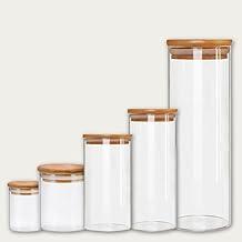 Kit 5 Potes de Vidro Herméticos com Tampa em Bambu Redondo Multiuso para Armazenar Alimentos e Grãos