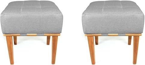 Kit 2 Puff Quadrados para Sala de Estar Tecido Linho Pés em Madeira Maciça (Cinza Claro)
