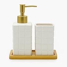 Conjunto de Dispenser de Sabonete Líquido e Porta Escova de Dentes com Bandeja de Bambu, Texturizado (Branco)