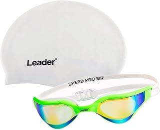 Kit Natação Leader Óculos Speed Pró Verde Espelhado Touca Lisa Branca 100% silicone