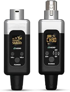 VEDO Conversor Microfone Sem Fio,48v/0V Uhf Transmissor Receptor,Alcance de 30 metros, 30 canais ajustáveis,XLR Sistema de microfone sem fio para todos os tipos de microfone