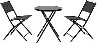 LIFE Conjunto Mesa Bistrô Dobrável Portátil Área Externa, Jantar, Piscina, Redonda, Tampo de Vidro e 2 Cadeiras Dobráveis, Design Moderno e Funcional