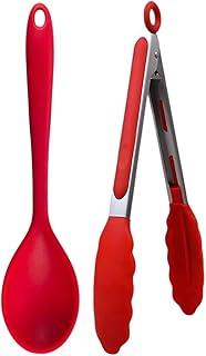Kit de Utensílios Colher de silicone 27cm e Pinça Culinária 25cm com Cabo Inox Vermelho resistente a altas temperaturas