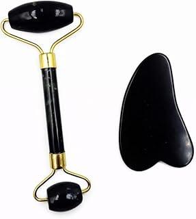 Massageador Facial De Pedra Jade + Pedra Gua Sha Para Olhos – Kit de Massagem Facial Relaxamento E Cuidados Com A Pele Indicado Para Uso Em Casa Ou Em Rotinas Profissionais De Estética (Preto)