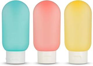 Kit Viagem com 3 Frascos de Silicone Recarregáveis, 60ml, Azul Rosa Amarelo, à Prova de Vazamento, Aprovado ANAC, para Shampoo Cosméticos