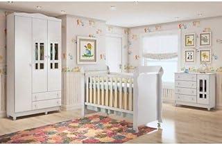 Quarto de Bebê Guarda Roupa 3 Portas, Cômoda Fraldário e Berço Mirelle Carolina Baby Branco Brilho