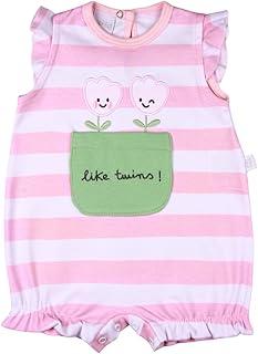 Macacão Bebê Menina Curto em Suedine 100% Algodão – Listrado Tulipas com Babados e Bolso Bordado