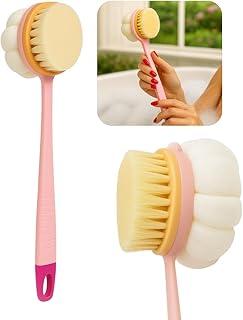 Kit Escova e Bucha de Banho Dupla Face, Cabo Longo 35cm, Anatômico, Cerdas e Esponja, Massageador Corporal, Rosa Suave