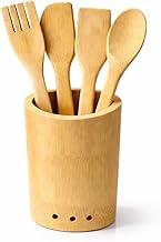 Kit Utensílios de Cozinha em Bambu com Suporte 4 Peças Colheres e Espátulas para Panelas Antiaderentes