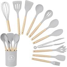 Kit 12 Utensílios de Cozinha Silicone com Cabo de Madeira (Cinza Claro)