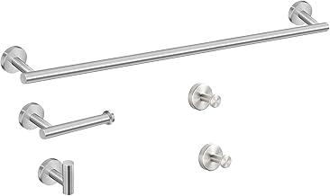LUMAI Kit 5 Acessórios para Banheiro Aço Inoxidável Fosco, Toalheiro, Suporte para Toalha Corporal, Suporte para Papel Higiênico e 2 Ganchos Grandes, Instalação Segura e Organização – Prata