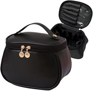 Necessaire de Maquiagem e Cosméticos para Viagem - Organizador Compacto com Divisórias - Bolsa de Couro Sintético Feminina - Portátil - Organizador de Maquiagem - UpShop (Preto)