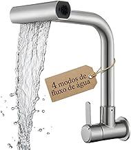 Torneira Cozinha Gourmet Parede Inox, 4 Modos de Jato com Cascata, Bica Giratória 360°, Acionamento 1/4 de Volta