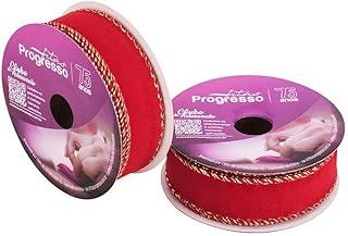 Fita Aramada Natal, Fitas Progresso, 25 mm x 10 m, Veludo, Vermelho e Ouro