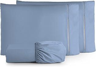 Jogo de Lençol 3 Peças Ponto Palito Percal 180 Fios Algodão Liso Varios Tamanhos (Queen, Azul)