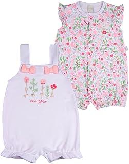 Macacao Bebe Suedine Menina Estampado e Liso Kit Macacão Suedine Algodao Floral 2 Pecas - Branco