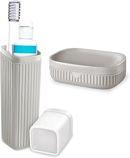 Kit Viagem Estojo Escova Dental + Saboneteira C/Tampa (Cinza Claro)