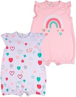 Macacao Bebe Menina Suedine Curto Estampado e Liso Kit Macacão Suedine Verao Algodao Corações 2 Pç - Rosa