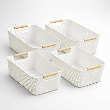 Kit Organizador Multiuso Com 4 Cestos Retangulares em Plástico Vazado com Alças de Madeira Para Roupas e Acessórios - Cestos com Alças de Madeira - 4 Cestos (BRANCO)