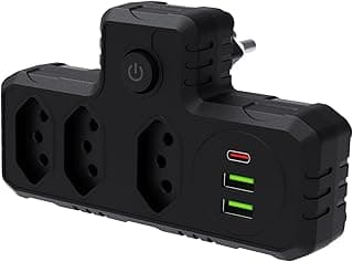 Extensão Tomada, Régua Tomada, Régua de Energia, Adaptador Tomada, 3 Tomadas, 2 Interfaces USB, 1 Porta USB Tipo-C (Preto)