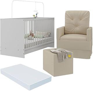 Berço 3 em 1 com Colchão Poltrona Amamentação e Puff Multimóveis Mp4151 Branco/bege