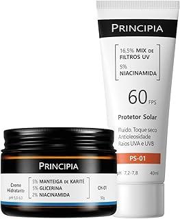 PRINCIPIA, Kit Hidratação e Proteção Solar, com duas fórmulas: um creme hidratante com glicerina + manteiga de karité + niacinamida e um protetor solar fluido antioleosidade com mix de filtros UV + niacinamida, FPS 60, toque seco e com eficácia contra raios UVA e UVB.