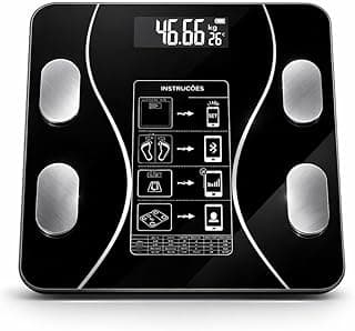 Balança de Bioimpedância Bluetooth 180kg com App iOS/Android, Medição de IMC, Gordura Corporal, Massa Muscular, Água Corporal, Preta, 26x26cm