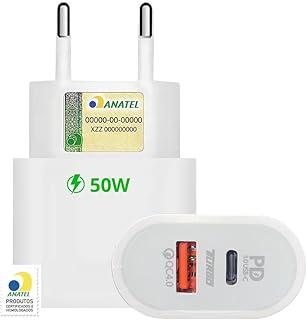 Fonte Universal Turbo 50W 2 Entradas USB-C e USB Turbo Carregador Tipo C e USB - Compátivel Com Todo Dispositivo e Cabo Tecnologia Power Delivery Carrega Com Segurança - Linha Premium