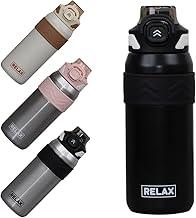 Garrafa Térmica Inox 600ml com Canudo e Trava para Água Café, Tampa Flip 2 em 1, Alça de Transporte, Antivazamento, Trabalho Escola Dia a Dia Fundo Emborrachado (Preto)