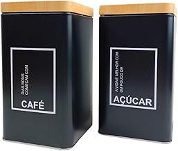 Conjunto de Potes Herméticos para Café e Açúcar Quadrado Metal Preto Fosco com Tampa na Cor Bambu Natural Decorativo Elegante Moderno Sofisticado Resistente e Boa Capacidade de Armazenamento