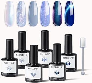 modelones Gel Nail Polish Set, 6 Colors Spring Sky Ocean Blue Collection Glitter Gel Polish Galaxy Dark Blue 9D Cat Eye Nail Polish w Magnet White Soak Off Led Nail Art Kit DIY Gift