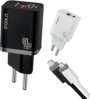 Carregador Ultra Rápido 40W com cabo turbo USB-C – Carregamento Turbo, Seguro e Potente com Duas Entradas USB-C e USB-A para Smartphones, Tablets e Outros Dispositivos