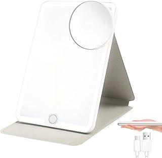 Espelho Maquiagem com LED Portátil e Aumento 10X, Espelho de Mesa Ultra Fino e Dobrável em Couro PU com Toque, 3 Cores de Luz e USB, para Viagem, Maquiagem e Escritório