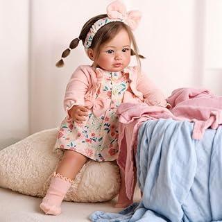 Brastoy Bebê Reborn Boneca Silicone Menina Olhos Azuis Realista Pintado Original 55cm Tranças de cabelo (Menina Urso)