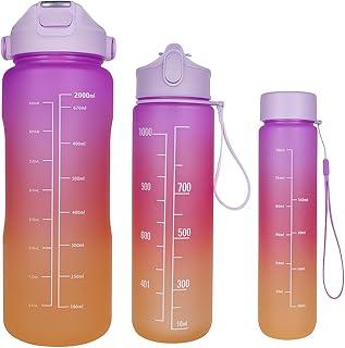 Kit 3 Garrafas Squeeze Coloridas Motivacional, Design Moderno,2 litros, 700ml e 300ml, Portátil, Cilíndrico, para Academia, Escritório e Escola (Roxo/Vermelho/Laranja)