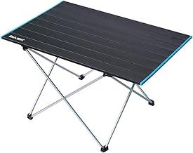 BASK Mesa Dobrável Portátil de Alumínio (40,5 x 40 x 56 cm), Ultraleve 1,7 kg, Suporta 20 kg, Compacta com Bolsa de Transporte para Camping, Praia, Churrasco, Preta com Bordas Azuis