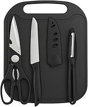 Kit Premium de Utensílios de Cozinha 4 Peças Tesoura Multiuso Descascador Faca e Tábua de Corte (PRETO)