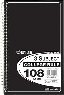Top Flight Caderno espiral padrão de 3 objetos, 108 folhas, pauta universitária, 24 x 15 cm, 1 caderno, a cor da capa pode variar (33601)