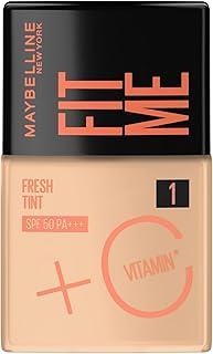Maybelline NY Fit Me Fresh Tint Base Líquida, Proporciona Efeito Glow Natural, Controla a Oleosidade e Uniformiza a Pele com Vitamina C e FPS 50, Cor 01, 30ml