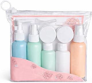 Kit Porta Shampoo e Condicionador Frascos de Viagem Antivazamento e Necessaire Transparente 10 Itens Para Creme Sabonete Portáteis Cor Pastel Inclui Mini Funil e Espátula