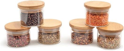 Oikos - Kit 6 Potes de Vidro 110ml com Tampa de Bambu Hermético Redondo para Tempero